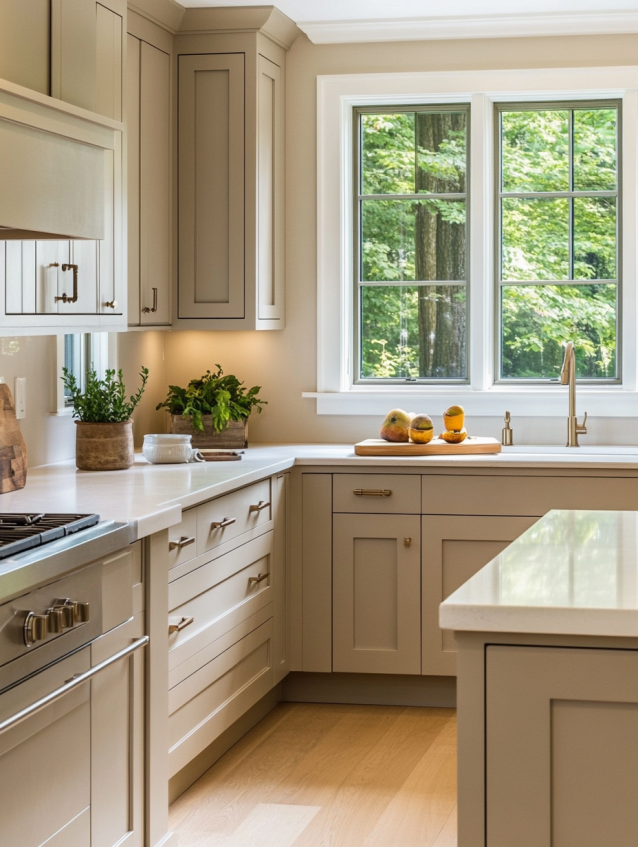 Shaker-style greige kitchen cabinets with modern design and functional layout