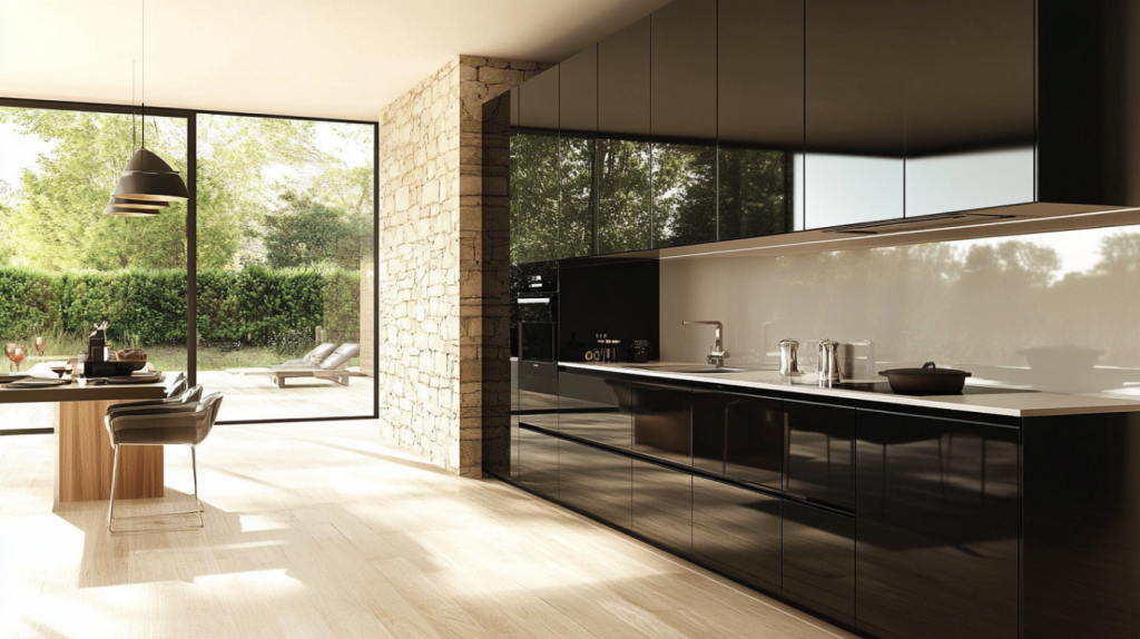 Modern luxury black kitchen with high‑gloss cabinets, white countertops, a stone accent wall, and large glass windows overlooking a garden.