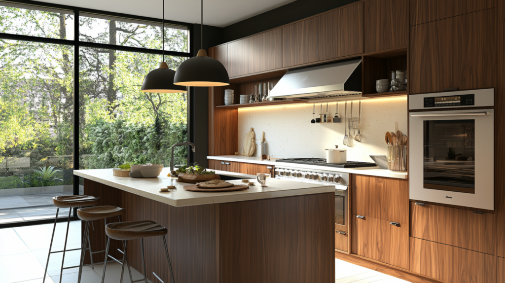Stylish modern kitchen with frameless cabinets and large windows providing ample natural light.
