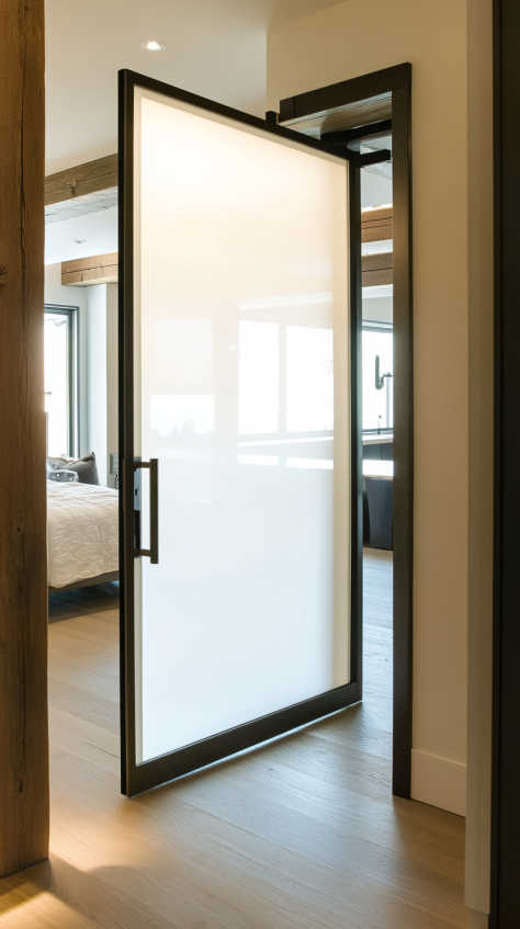 A frosted glass bedroom door with a sleek modern frame, designed to create an open, airy atmosphere in the room while maintaining privacy.