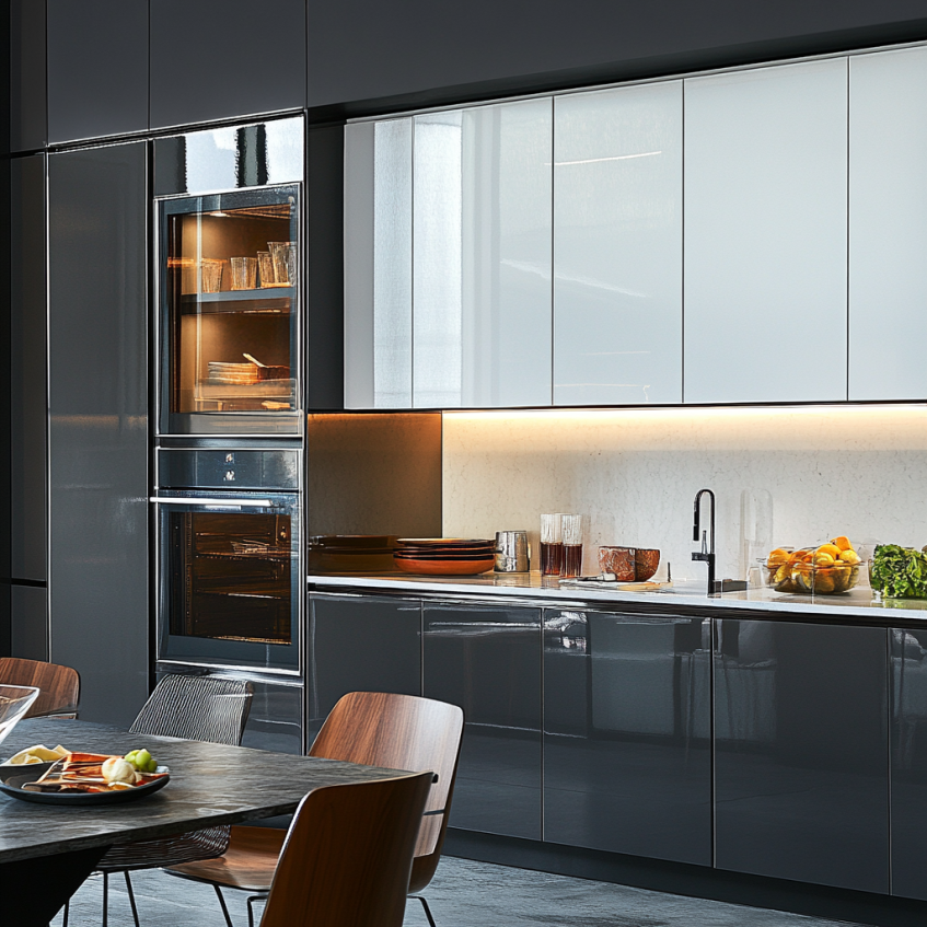 Sleek modern kitchen with handle-less frameless cabinets and large windows.