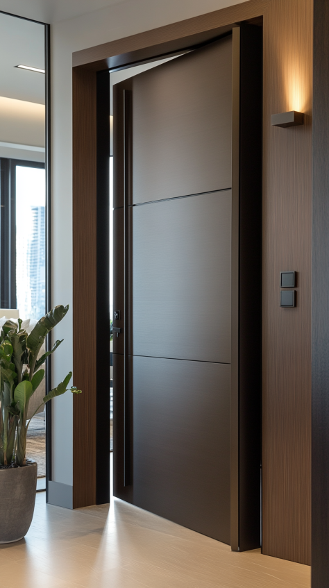 A sleek modern aluminum bedroom door with a minimalist design, enhancing the contemporary aesthetic of the space.