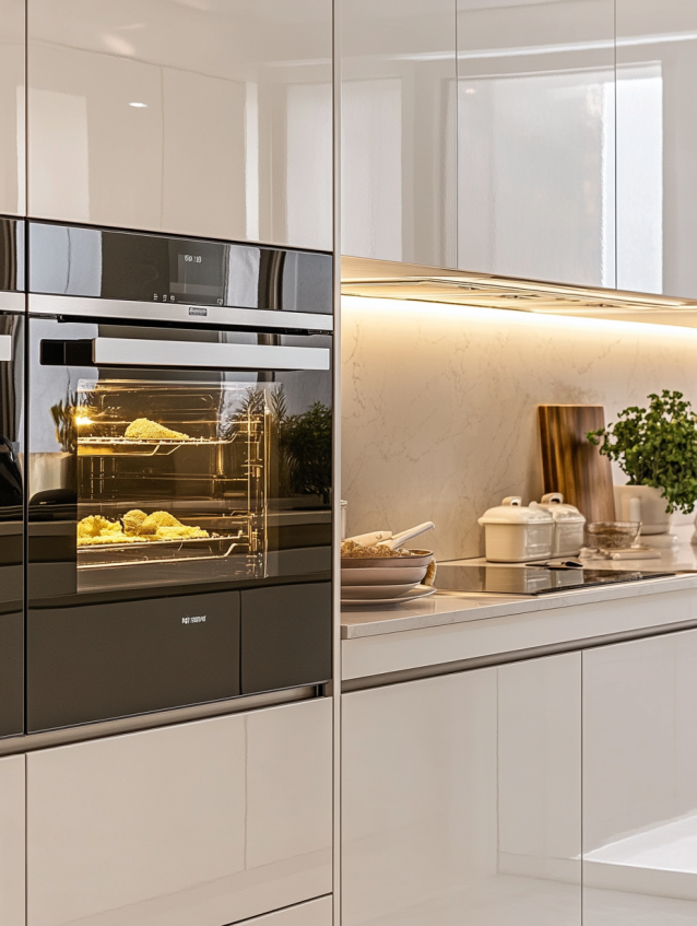 Sleek white kitchen with high‑gloss cabinets, built‑in oven, under‑cabinet lighting and marble backsplash.