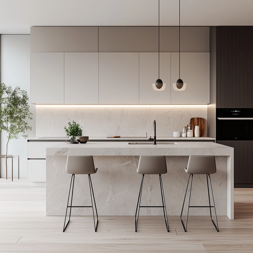 Modern kitchen featuring a white marble island with minimalist design, gray stools, and elegant pendant lighting, creating a bright and sophisticated atmosphere.