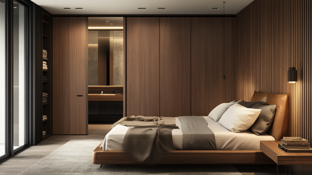A sleek wooden sliding bedroom door, designed to offer a clean and contemporary look while saving space.