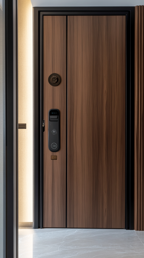 A wooden smart entry door with an advanced security system, designed for modern homes with high-tech features and a sleek design.