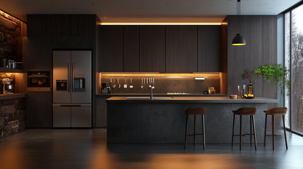 A modern kitchen with sleek appliances and smart technology integration, such as voice-controlled features.