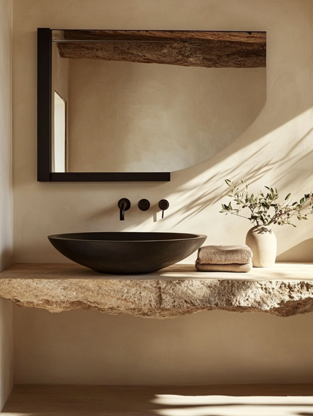 A sophisticated bathroom with a stone vanity, marble countertop, and a large mirror framed by soft lighting.