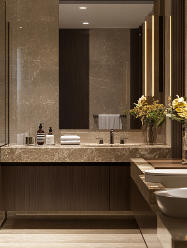 Luxurious bathroom with a marble counter, modern sink, and soft lighting.