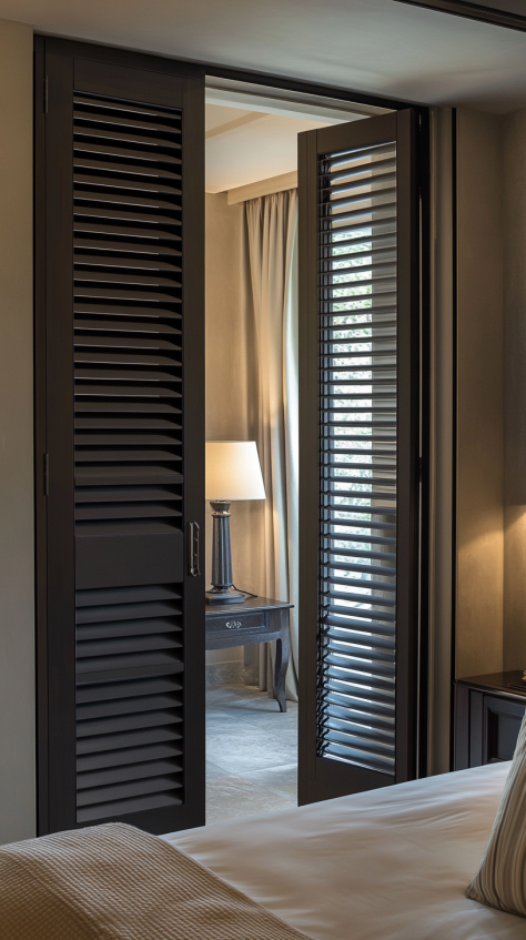 A dark louvered bedroom door that brings a touch of elegance and timeless charm to modern bedroom designs.