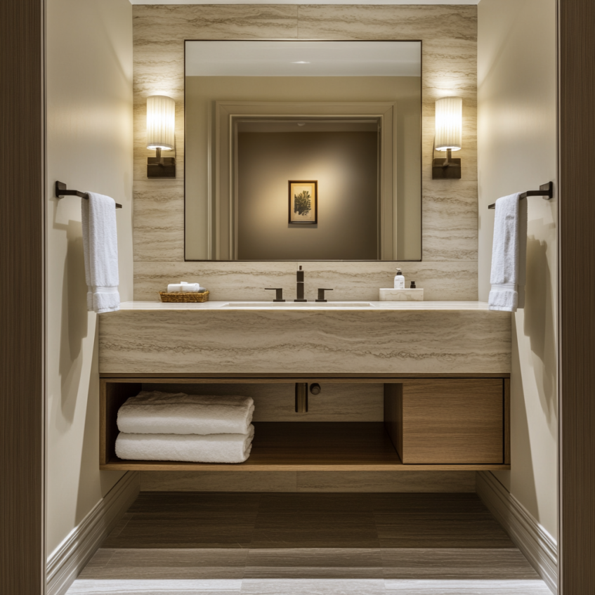 A small hotel bathroom featuring custom storage solutions, a sleek vanity, and modern fixtures.