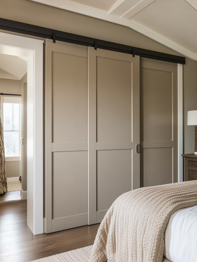 sliding closet doors with soft beige finish in hotel bedroom