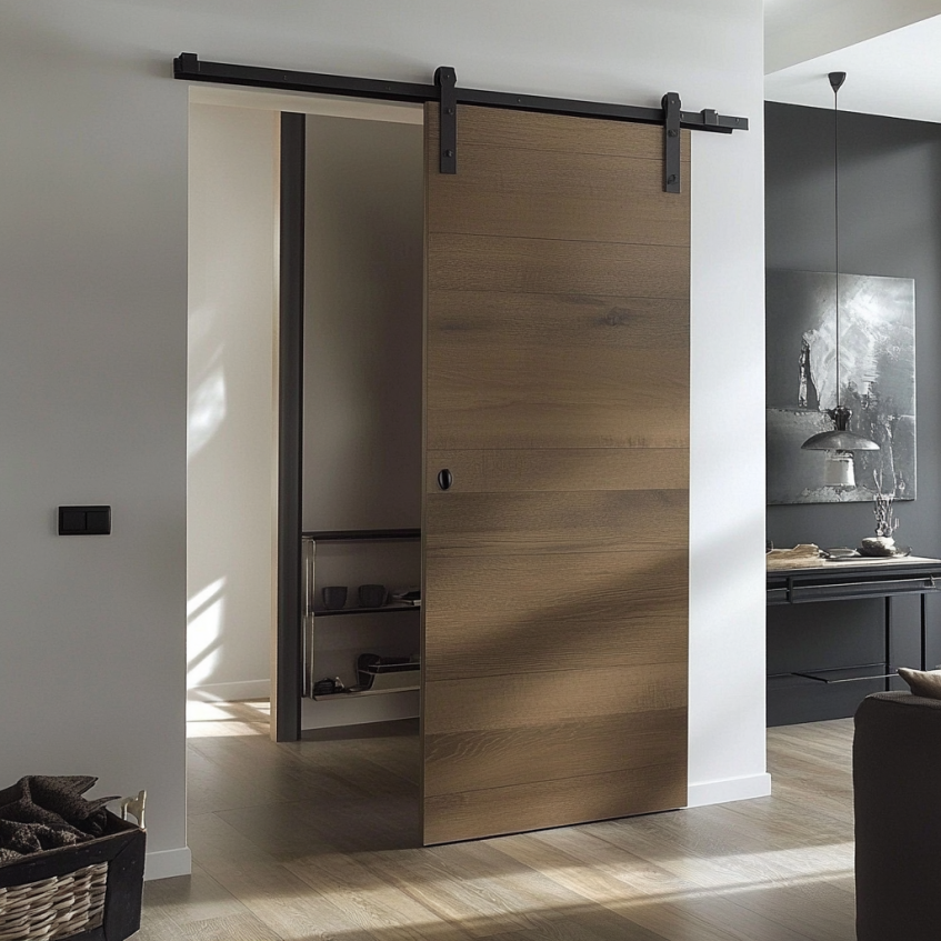 Contemporary interior sliding door with dark wood finish, creating a sleek transition between spaces in a modern apartment.