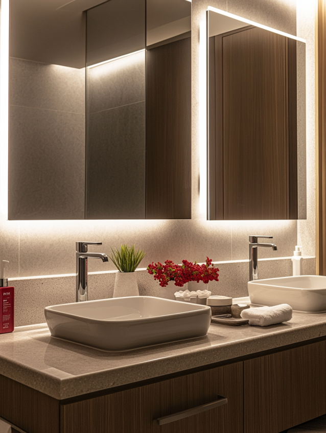 Luxury hotel bathroom vanity with smooth stone sink and warm lighting.