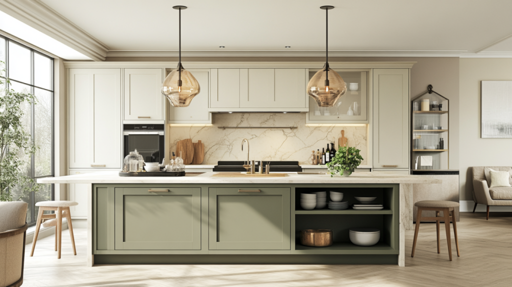 Modern kitchen with green island cabinets, marble backsplash, pendant lights, and built-in storage design.