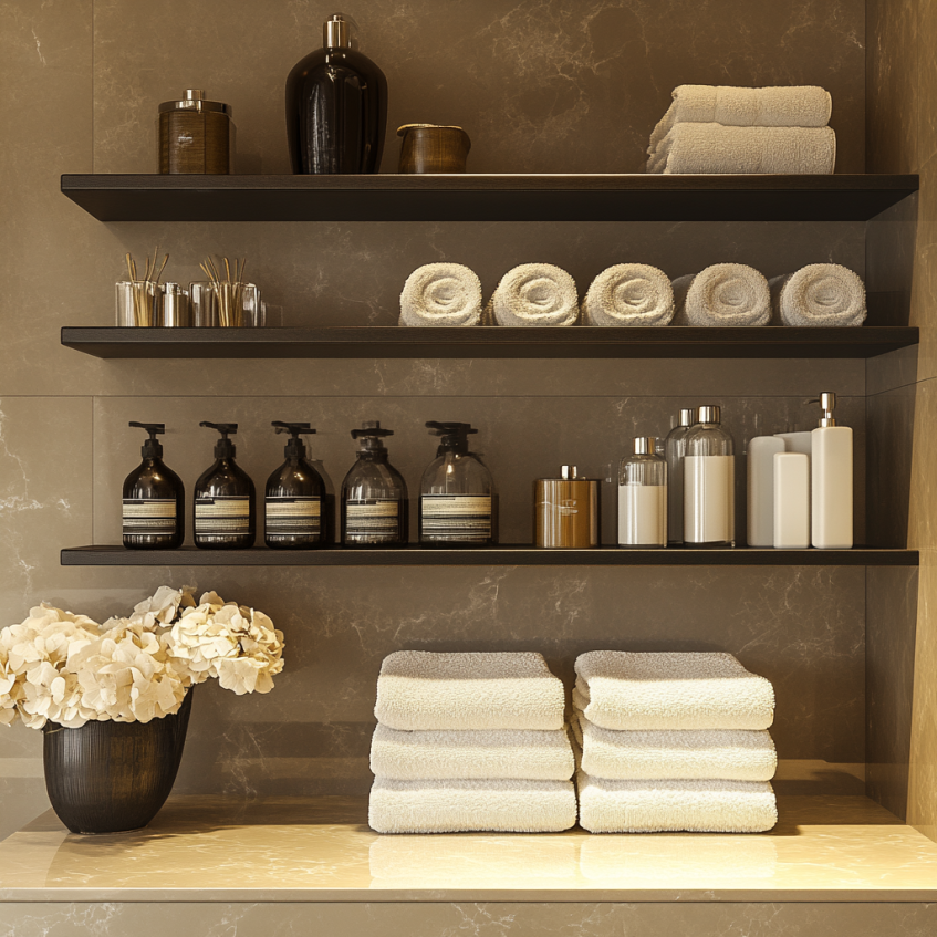Open shelving with neatly arranged towels and modern bathroom products in a luxury hotel bathroom.