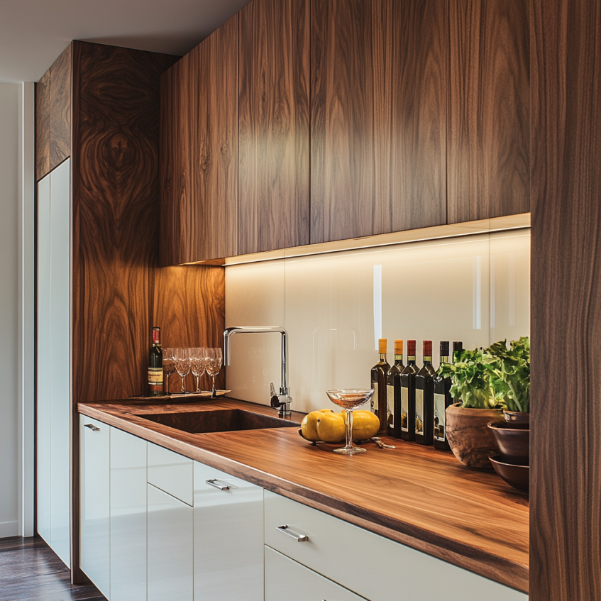 Modern kitchen with walnut cabinets and a stylish sink area, featuring a mix of natural wood finishes and sleek countertops.