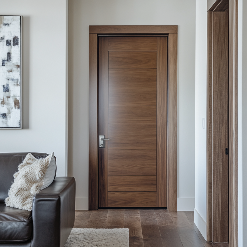 Modern walnut interior door with sleek lines and contemporary design in a living room setting.