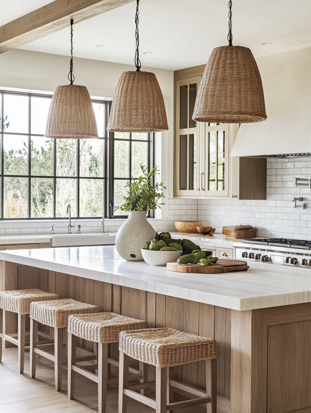Kitchen with woven pendant lights, dark island, white marble countertop, subway tile backsplash and wood beams.