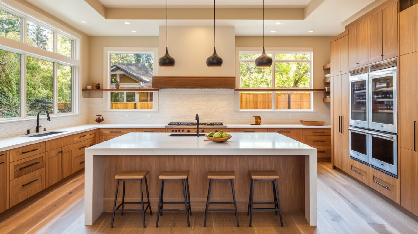 A modern kitchen showcasing sustainable materials, including eco-friendly countertops and cabinetry.