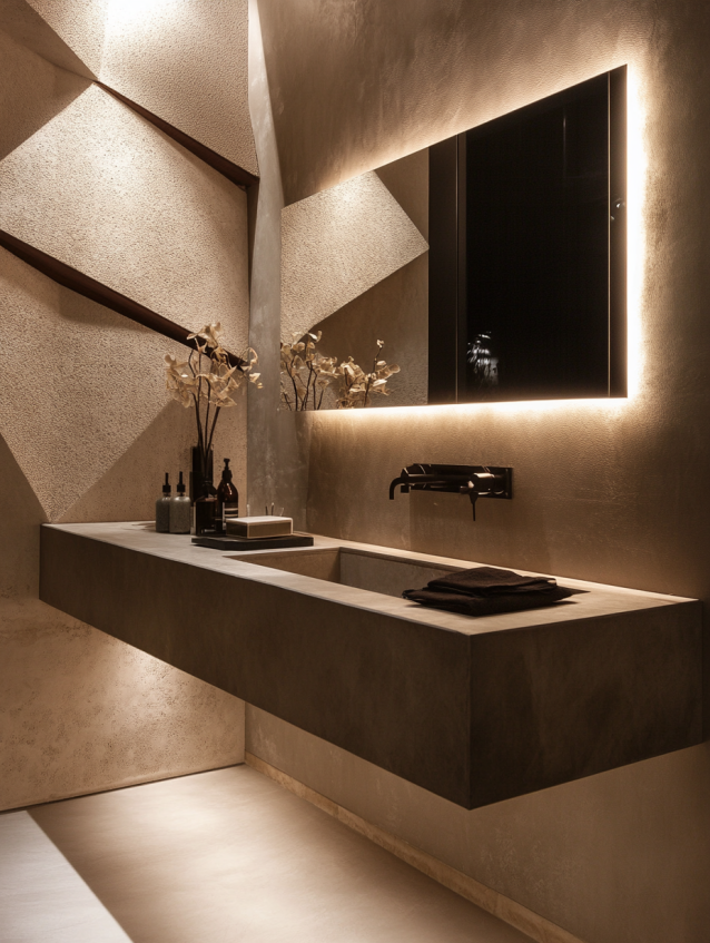 Luxury hotel bathroom vanity with textured walls, concrete finish, and dramatic backlit mirror.