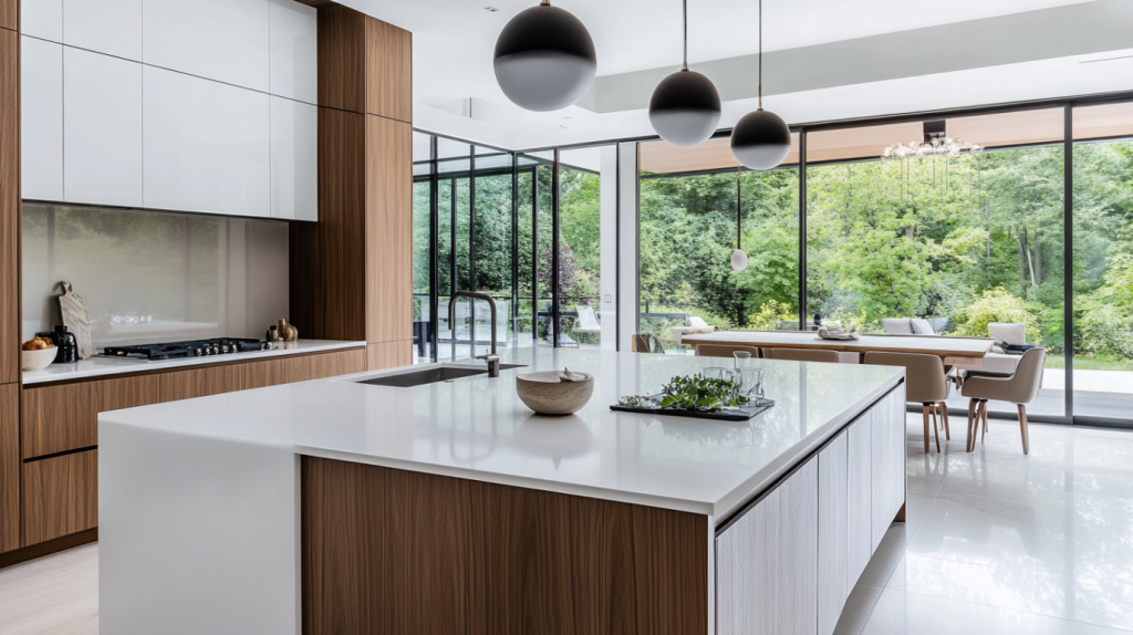 A spacious modern kitchen with a large island as the focal point, featuring seating and storage.