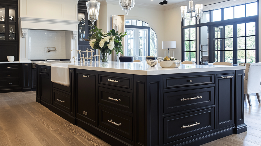 A striking black kitchen island with sleek design, paired with high-end finishes and modern lighting, perfect for contemporary kitchens.