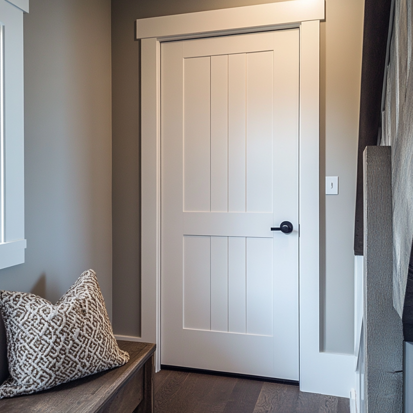 Shaker style interior door with clean lines and minimal hardware, set in a bright, neutral-toned room.