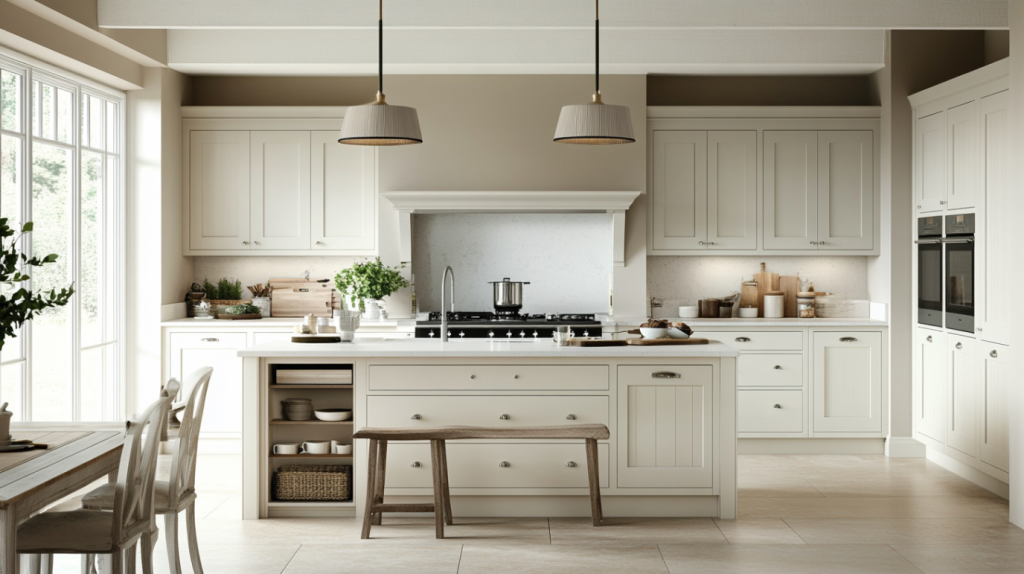 Classic white shaker kitchen cabinets with island, farmhouse style, and bright natural lighting.