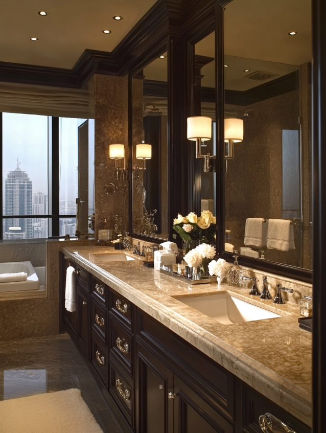 Classic hotel bathroom vanity with marble countertop and dark wood cabinetry.
