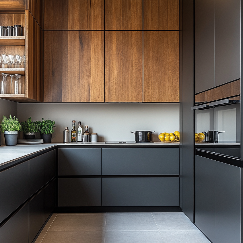 Modern kitchen with two-tone frameless cabinets in wood and black.