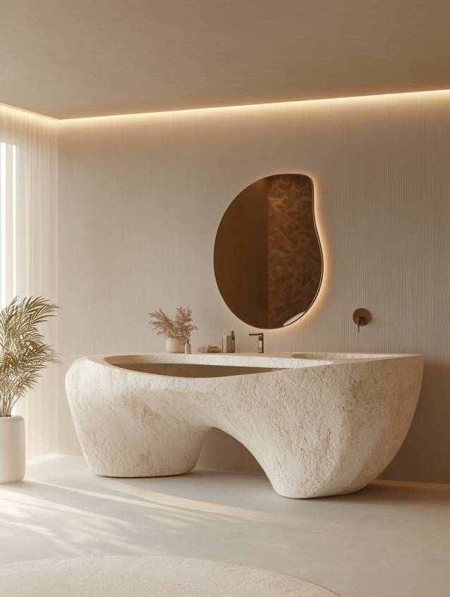 Minimalist hotel bathroom with a unique shaped tub and circular mirror illuminated by LED lights.