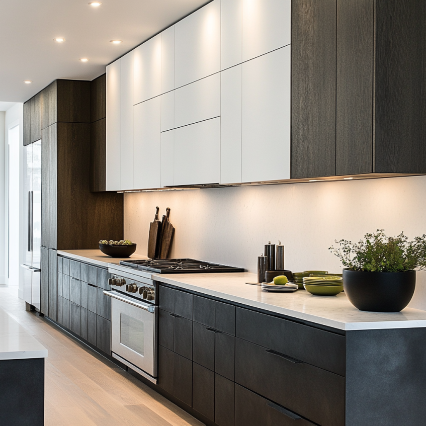 Frameless kitchen cabinets divided into upper and lower sections, combining wood and black finishes.