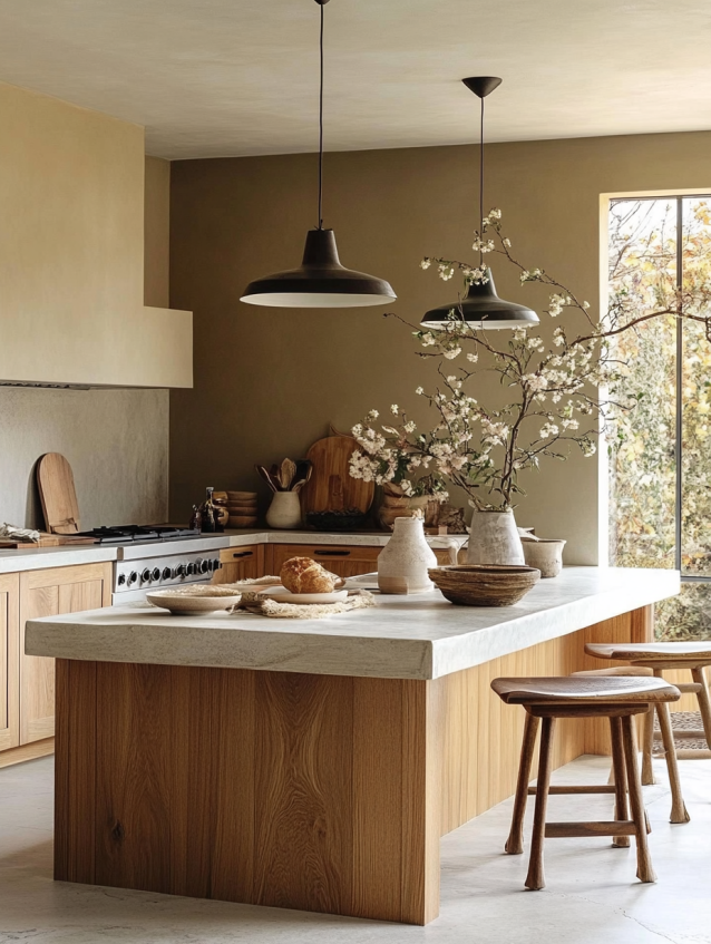Warm beige kitchen with oak island, marble countertop, minimalist pendant lights and branch centerpiece.