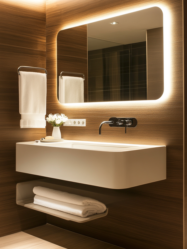 Modern hotel bathroom vanity with wood wall paneling, vessel sink, and glowing backlit mirror.