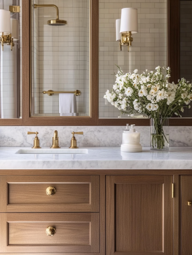 Warm wood hotel bathroom vanity with brass handles and white marble sink.