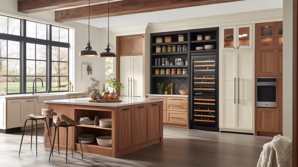 A stylish kitchen with natural wood cabinetry, white countertops, and open shelving with herbs and bread.