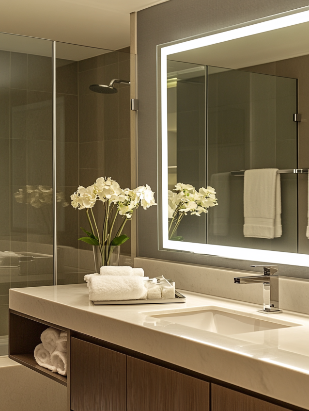 Hotel bathroom vanity with white marble sink and large illuminated mirror.