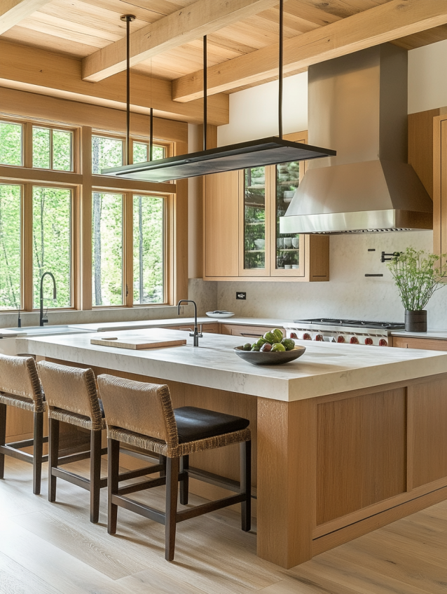 Bright kitchen with white oak cabinets, marble island, linear pendant light and large windows.