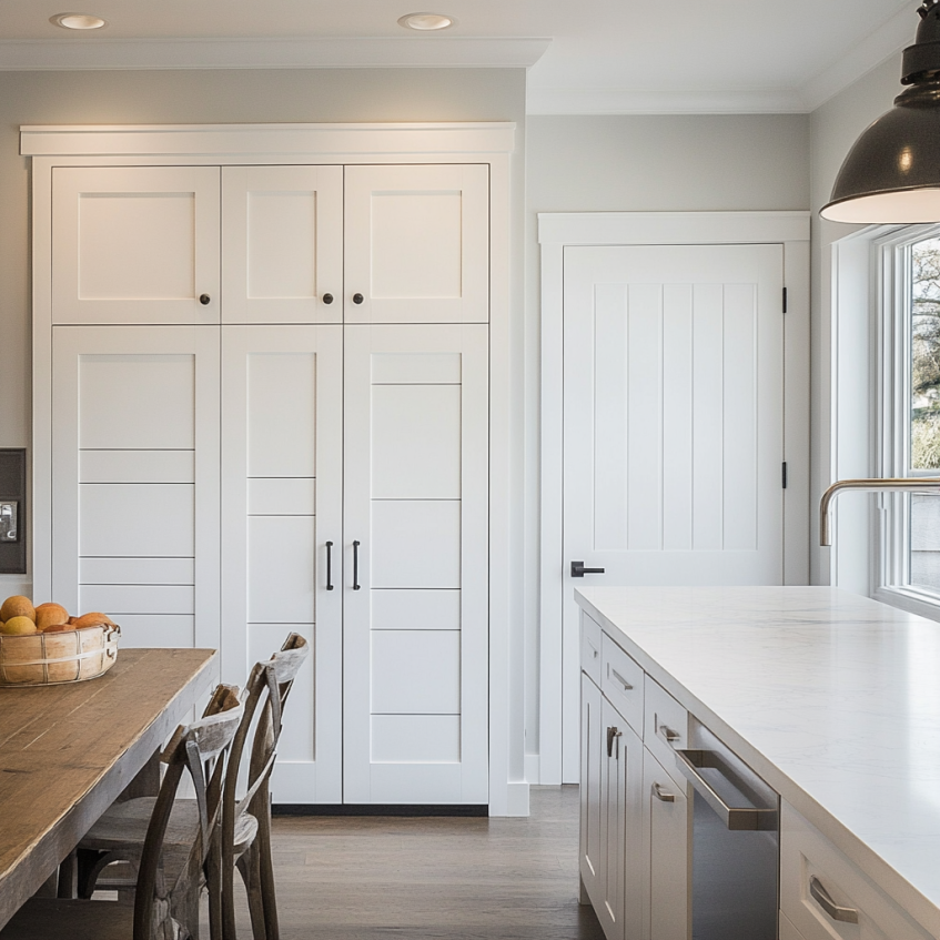 White shaker style kitchen cabinets paired with matching shaker interior door in a modern, clean kitchen space.