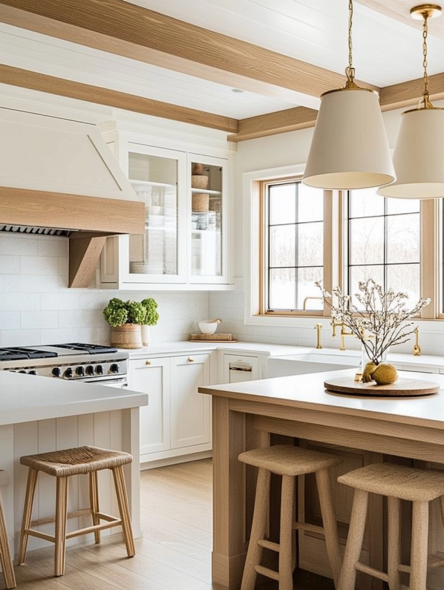 Bright kitchen with white cabinets, natural wood beams, light countertops, woven stools, and brass pendant lights.