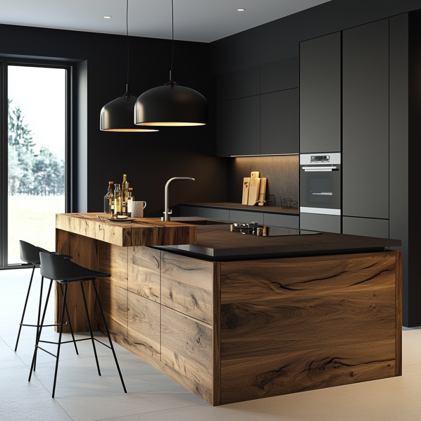 A beautifully crafted wood and marble kitchen island, combining natural textures to add warmth and elegance to the space.