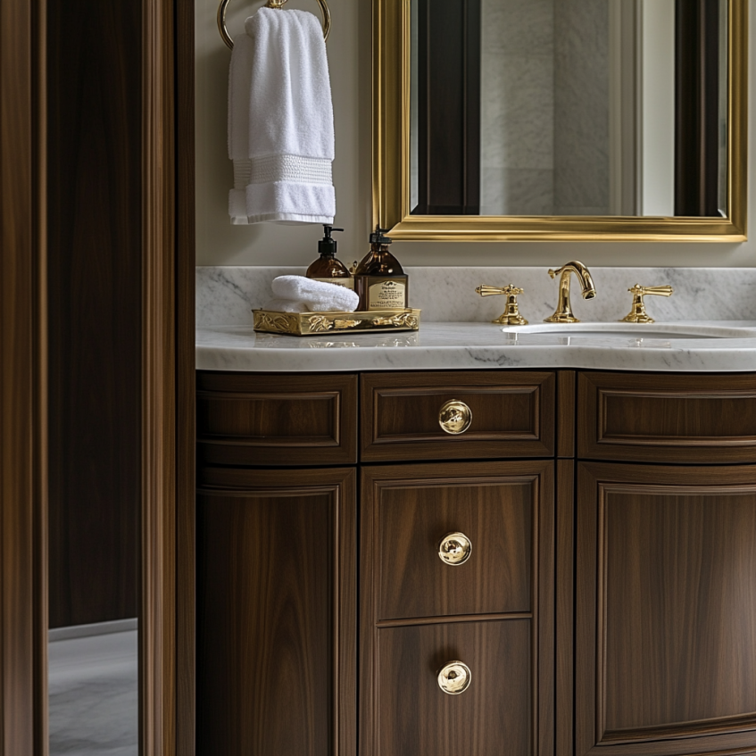 A wooden bathroom cabinet with gold accents, creating a luxurious and inviting hotel bathroom design.