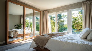 A stylish wooden framed mirror bedroom door that blends classic and modern aesthetics, enhancing the room’s depth and lighting.