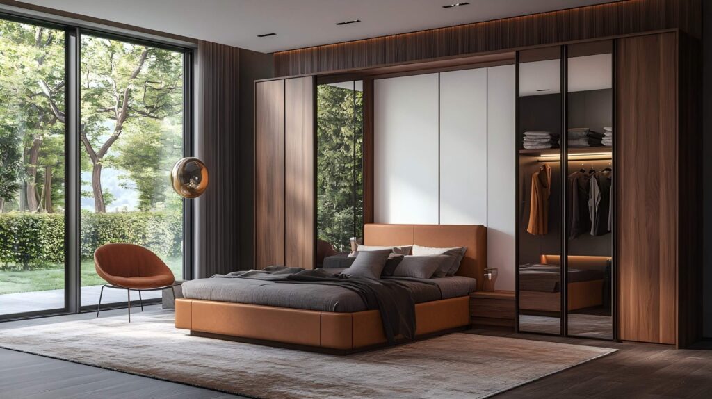 Modern bedroom with hinged wardrobe, clean lines, and natural light from large windows.