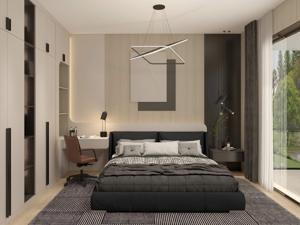 Modern bedroom with hinged wardrobe featuring melamine finish, black and white design accents, and natural light.