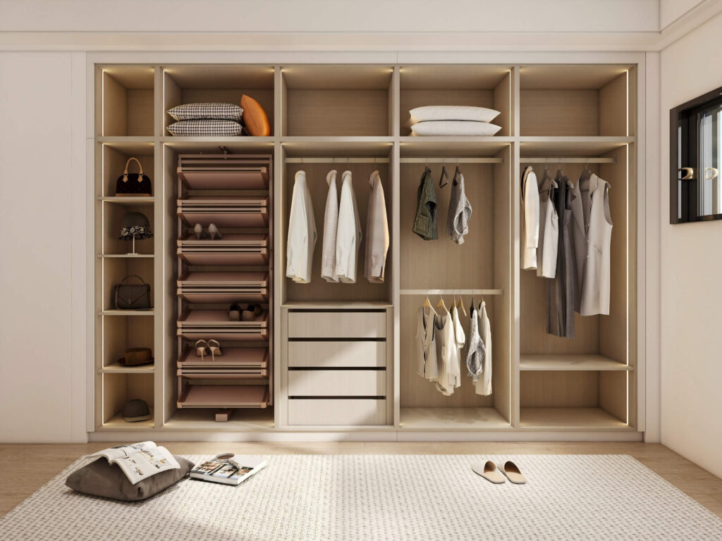 Custom hinged wardrobe with organized shelving, hanging rails, and shoe storage for efficient closet space utilization.A well-organized hinged wardrobe with adjustable shelving, hanging systems, and dedicated shoe storage, designed for optimal use of space.