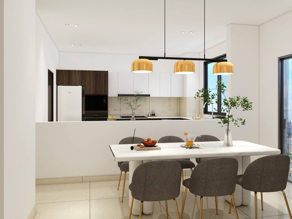 Open plan Indonesia cabinet kitchen with dark wood and white units, dining area showcasing export quality design