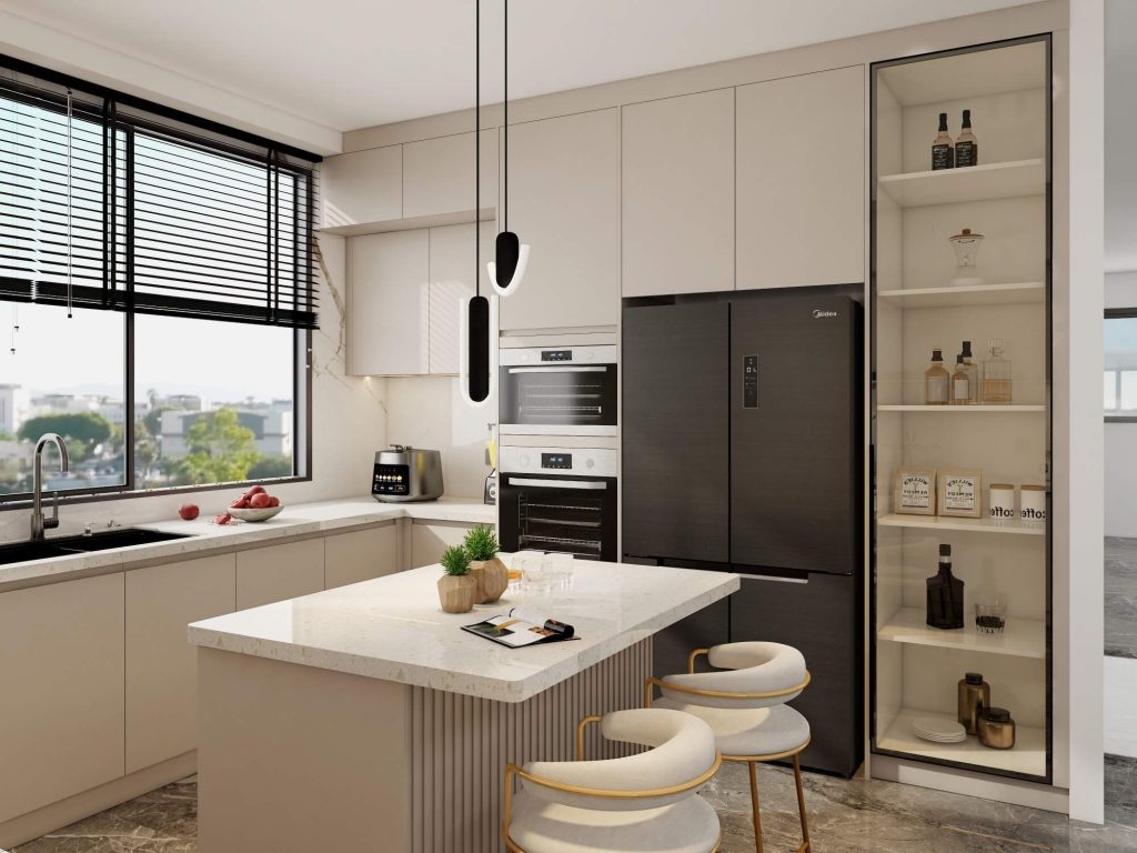 Modern Indonesian cabinet design featuring white kitchen storage, open shelving system from experienced manufacturing team