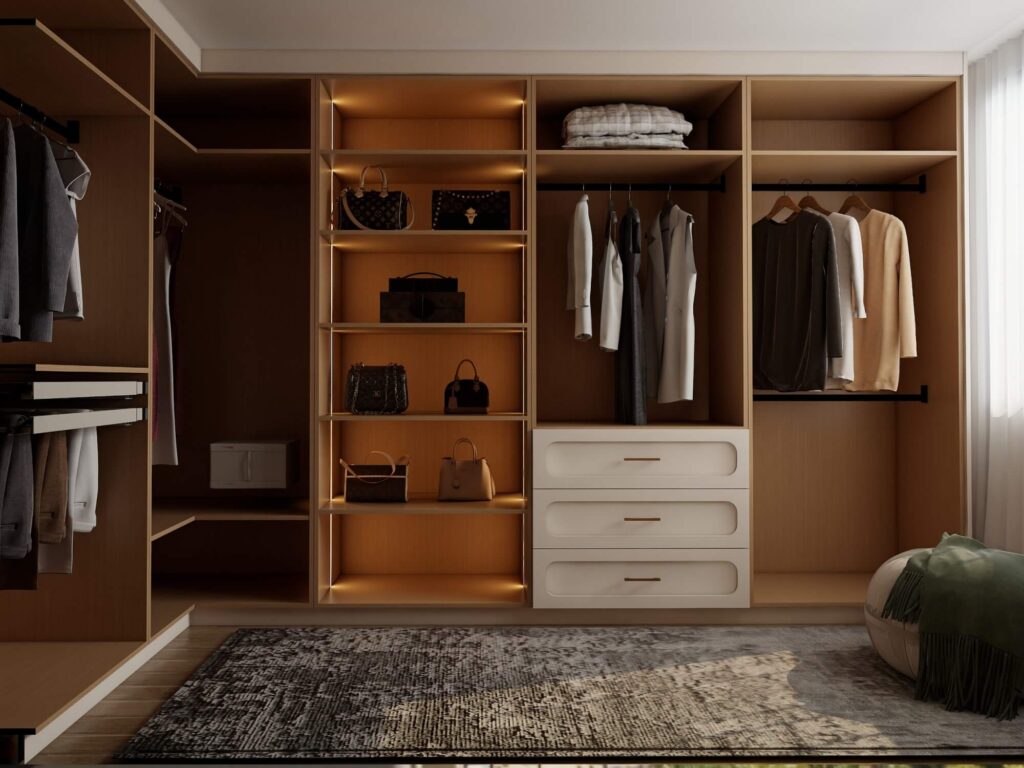 Walk-in closet with organized storage zones for dresses, shirts, pants, shoes, and accessories. Well-lit shelving and hanging spaces.